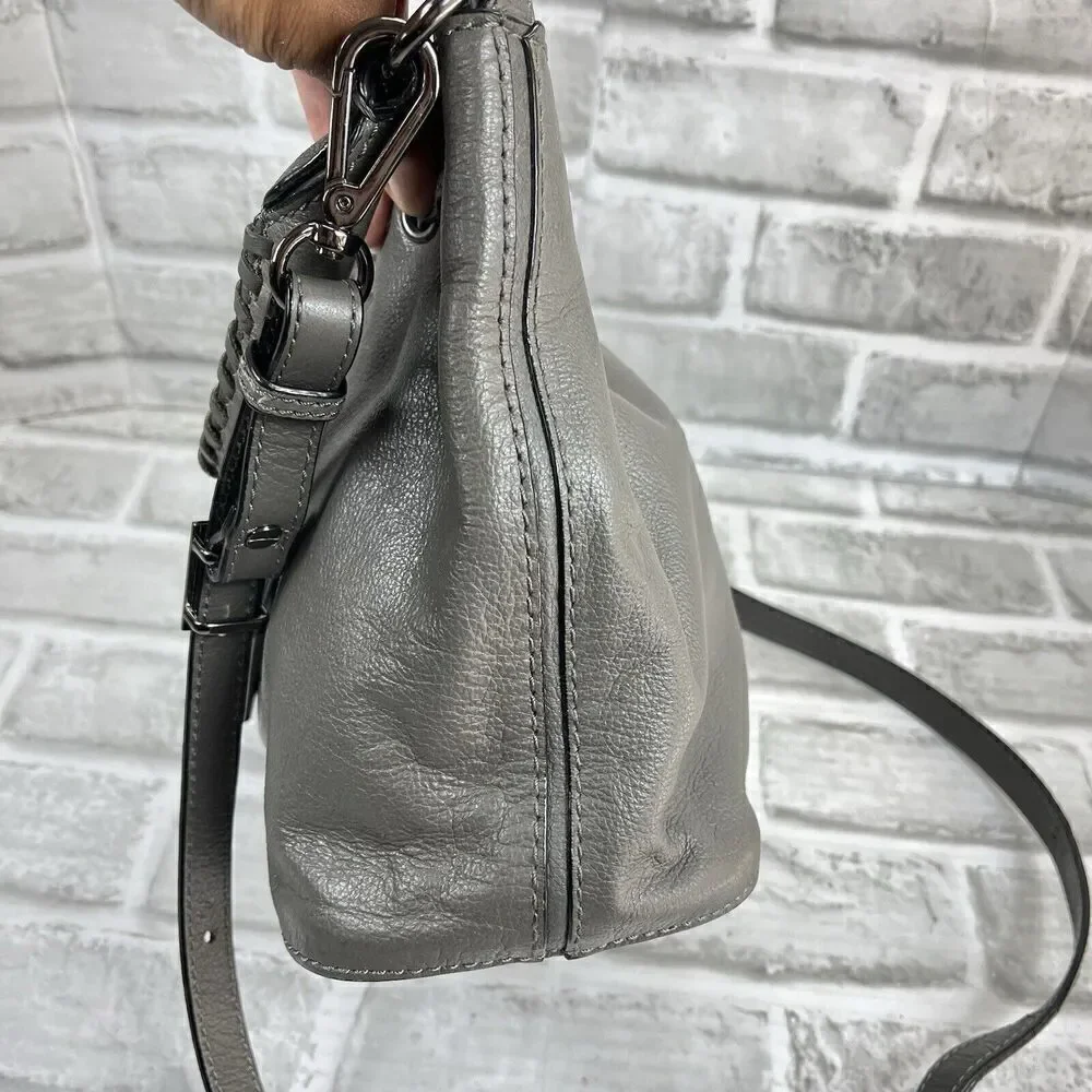 Elliott Luca Women's Gray Leather Drawstring Bucket Crossbody Bag Purse